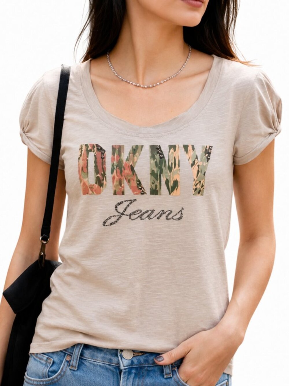 DKNY Jeans Graphic Tee Beige Logo Top Short Sleeve Size M